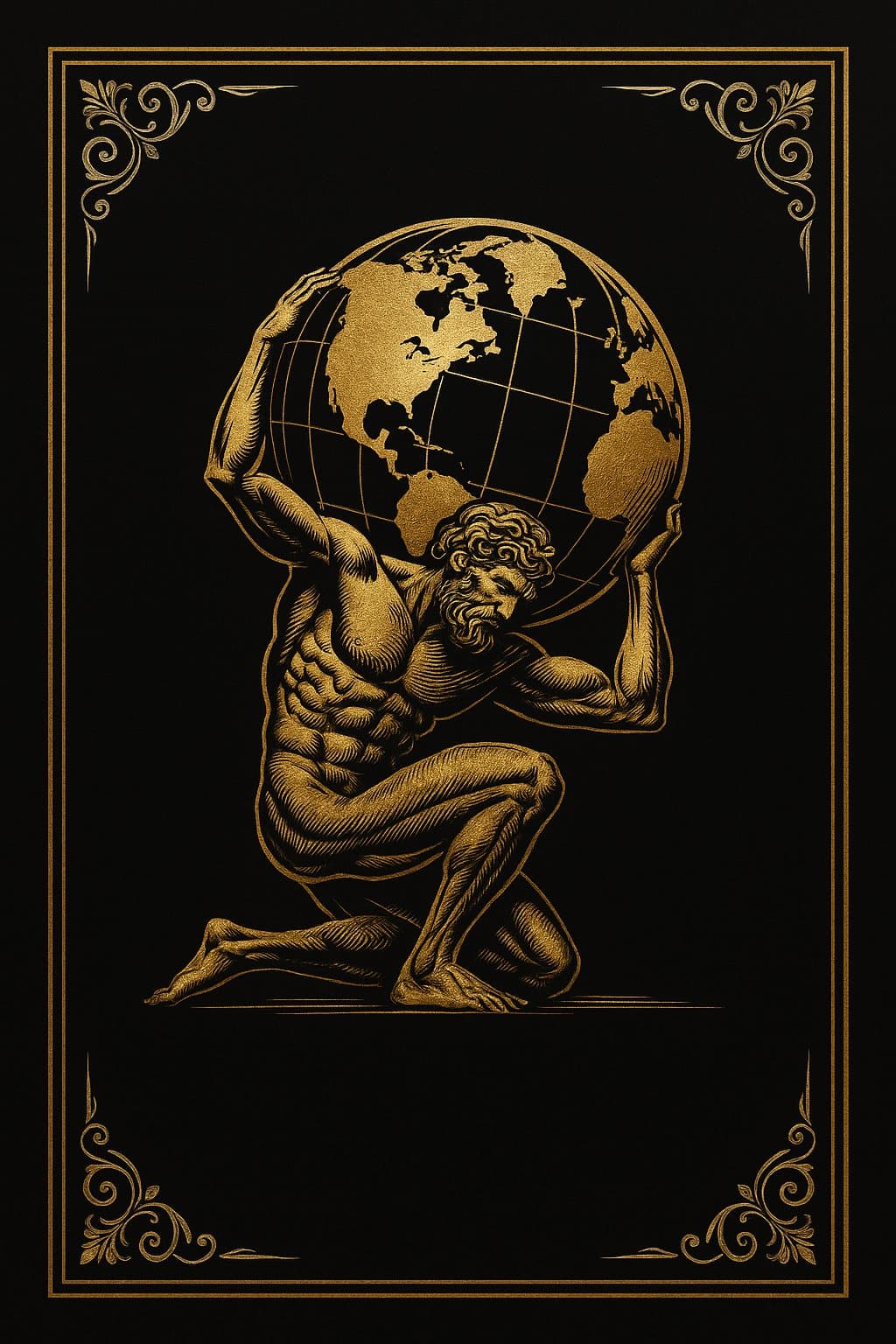 Brasão de Atlas gravado a ouro em moldura art-déco