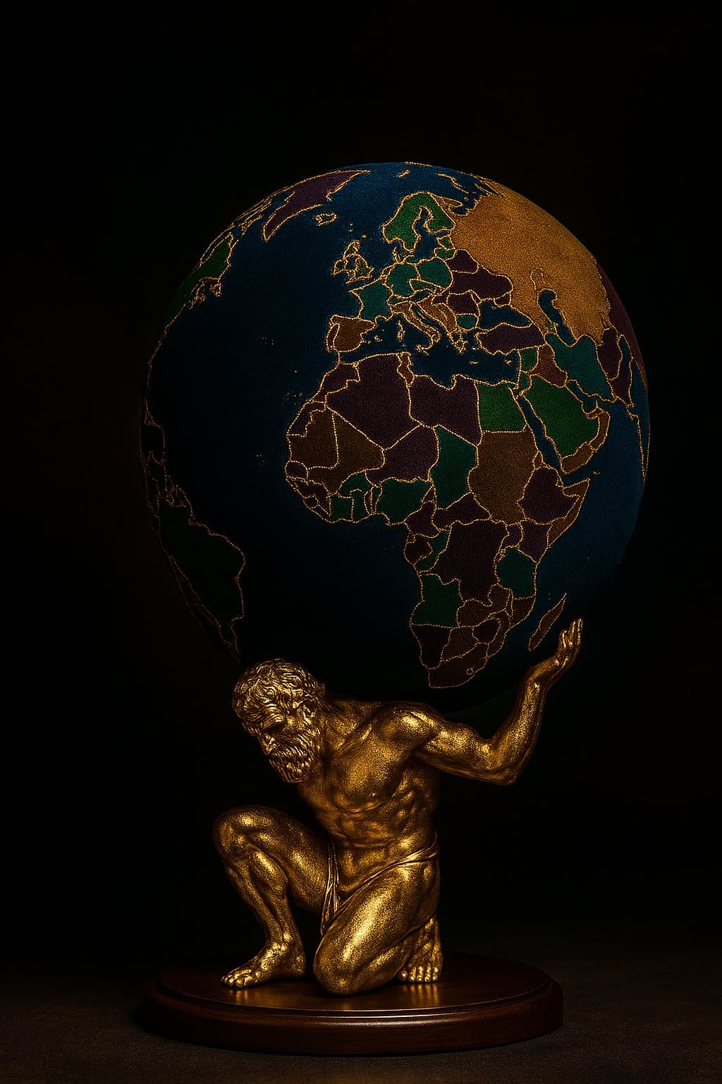 Atlas folheado a ouro erguendo o globo aveludado de territórios