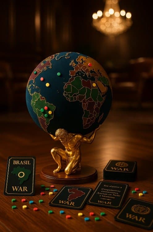 War Atlas Edition montada à mesa, sob luz de lustre